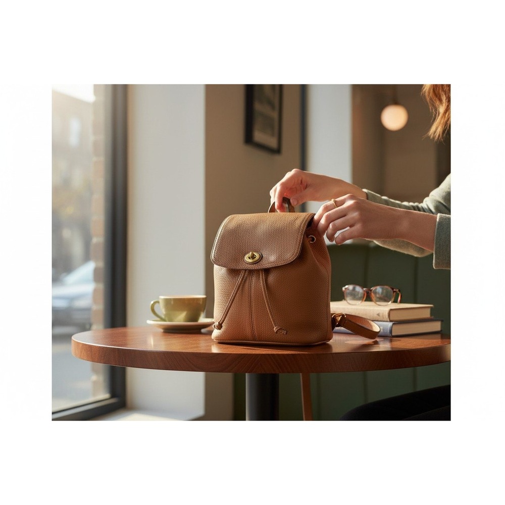 Coach Backpack Women Tan Pebbled Leather Mini Drawstring Turnlock Small